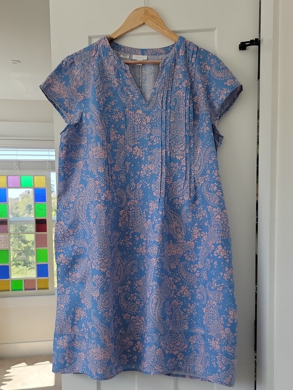 J. Jill 100 % Linen Blue Midi Dress with Blush Pink Paisley Floral Print